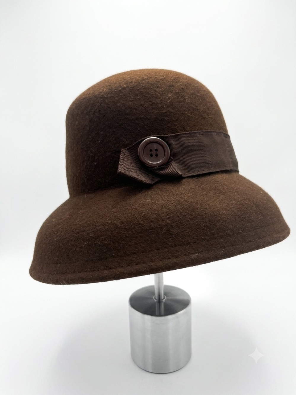 Brown Wool Cloche Hat with Ribbon and Button